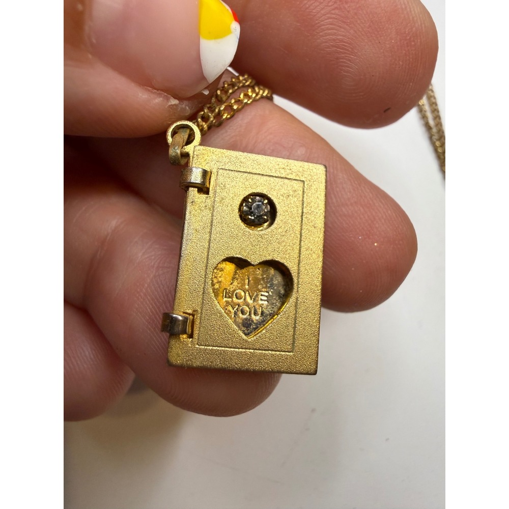 Gold Tone I Love You Book Locket Necklace Rhinestone Heart Pendant 18 Inch Chain